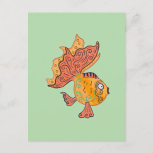 Whimsical Folk Art Guld Fisk Boho Virvel Fantasi Vykort