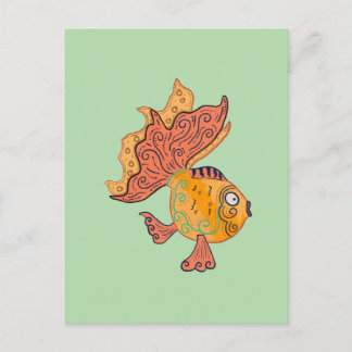 Whimsical Folk Art Guld Fisk | Boho Virvel Fantasi Vykort