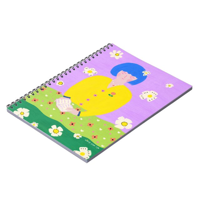 Whimsical Folk Art Läsande Flicka Färgrik Anteckningsbok (Vänstra Sidan)