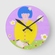 Whimsical Folk Art Läsande Flicka Färgrik