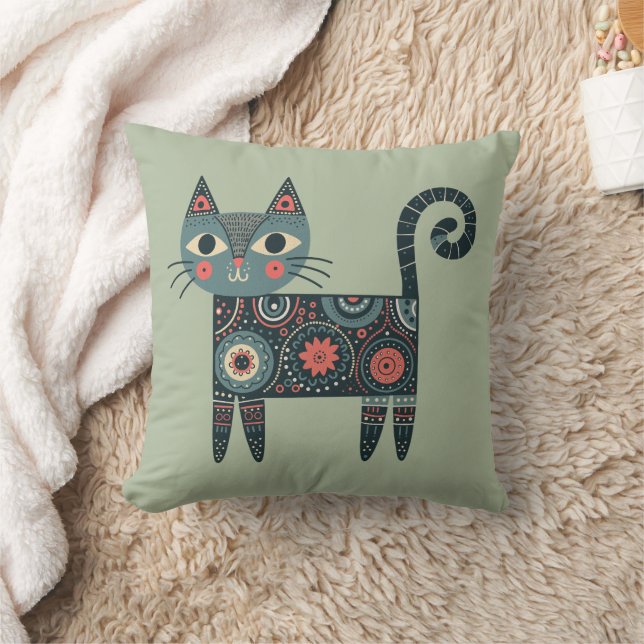 Whimsical Folk Art Retro Boho Cat Sage Kudde (Filt)