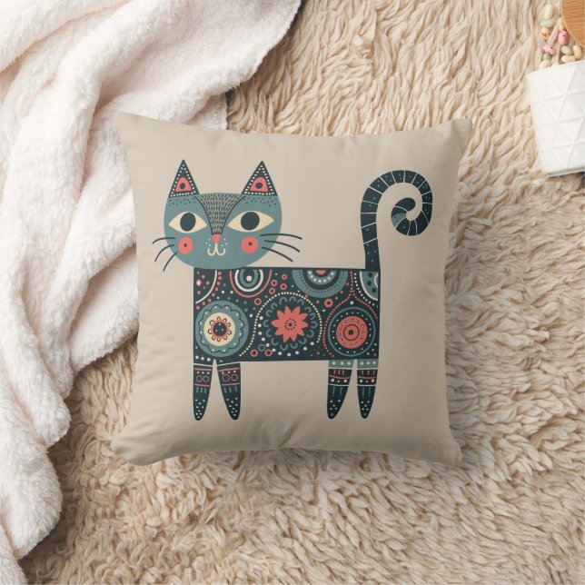 Whimsical Folk Art Retro Boho Katt Beige  Kudde (Filt)