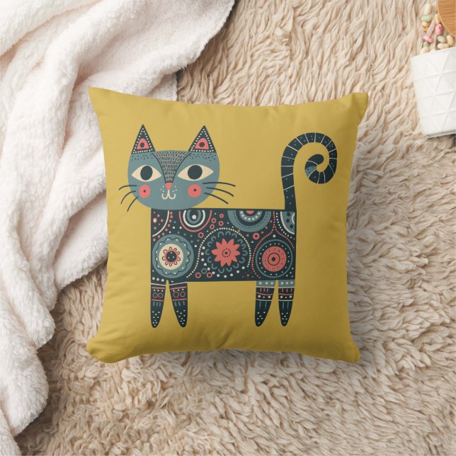 Whimsical Folk Art Retro Boho Katt Senap Kudde (Filt)