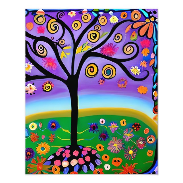Whimsical Folk Art Stil Träd Fototryck (Framsidan)