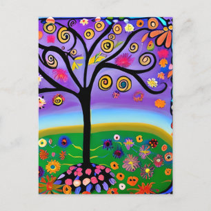Whimsical Folk Art Stil Träd   Satt Hi Vykort