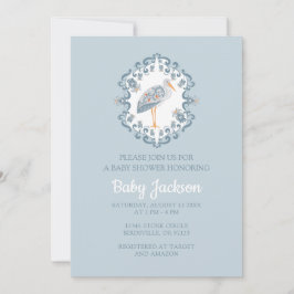 Whimsical Folk Art Stork | Inbjudan till babyvisni