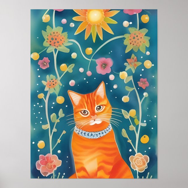 Whimsical Folk Art Tabby katt Poster (Framsidan)