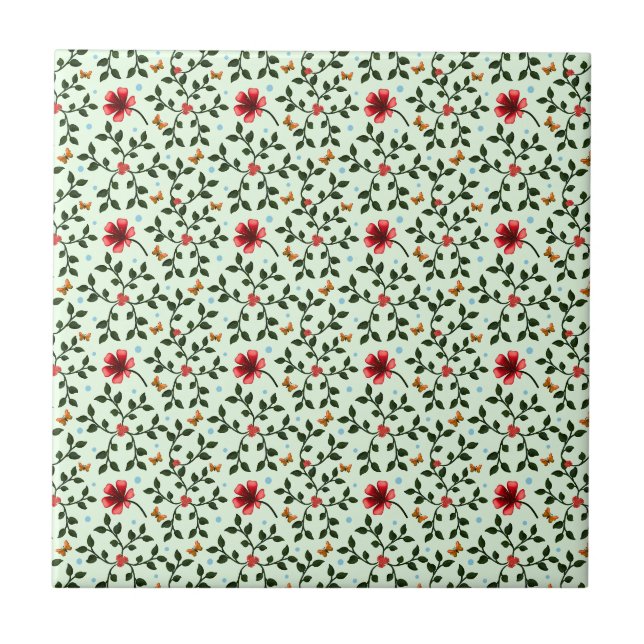 Whimsical Folk Blommönster Fjäril  Kakelplatta (Framsidan)