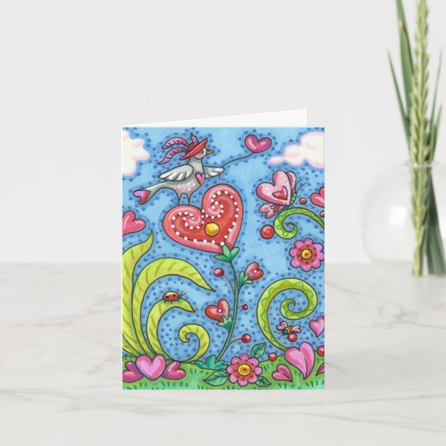 WHIMSICAL FOLK KONST FÅGEL, ROSA HJÄRTAN TRÄDGÅRD  KORT (Framsida)