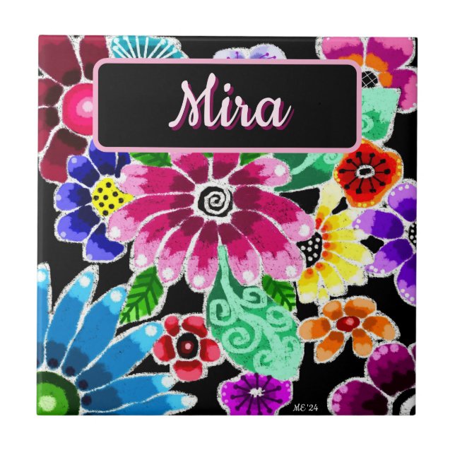 Whimsical Folkkonst Blommor Blommig Personlig Kakelplatta (Framsidan)