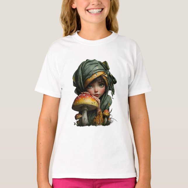 Whimsical Forest Girl with Mushroom Fantasy Art T Shirt (Framsida)