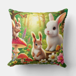 Whimsical Forest Scene med kaniner, ekorrar Kudde