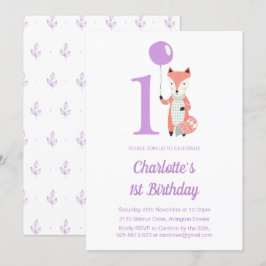 Whimsical Fox & Ballong Lila 1-årsdag Inbjudningar