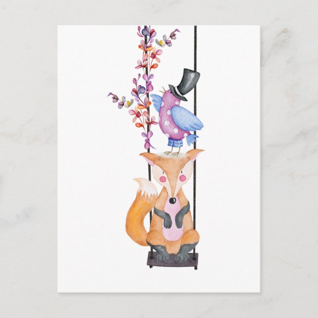 Whimsical Fox & Bird Vykort (Framsida)