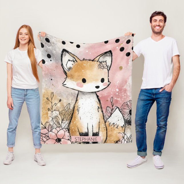 Whimsical Fox Blommig Akvarellkonst Fleecefilt (På plats)