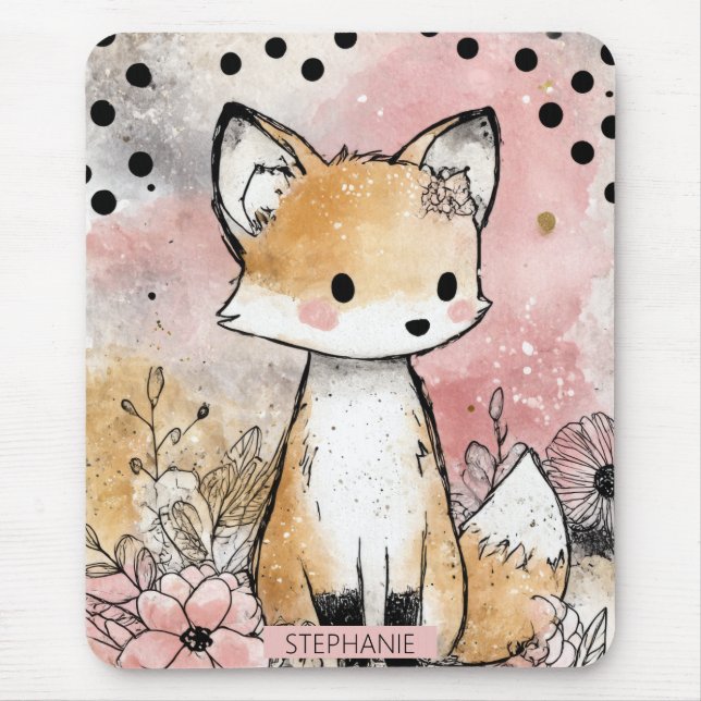Whimsical Fox Blommig Akvarellkonst Musmatta (Framsidan)