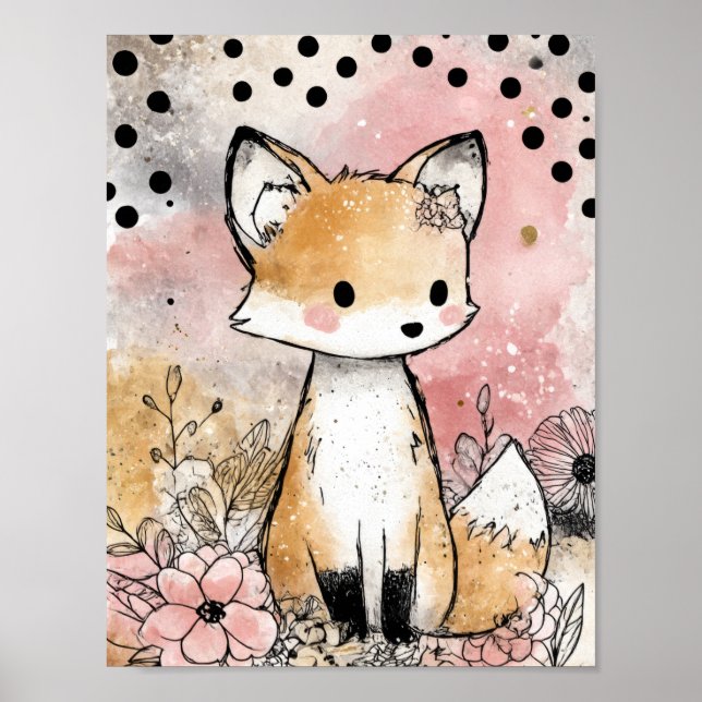 Whimsical Fox Blommig Akvarellkonst Poster (Framsidan)