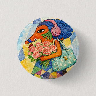 Whimsical Fox Flicka med Rosor Vattenfärg Illustra Knapp