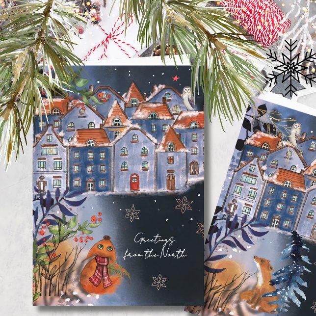 Whimsical Fox Hälsningar från den nordiska byn Helgkort (Whimsical Fox Greetings from the Nordic Village Holiday Card)