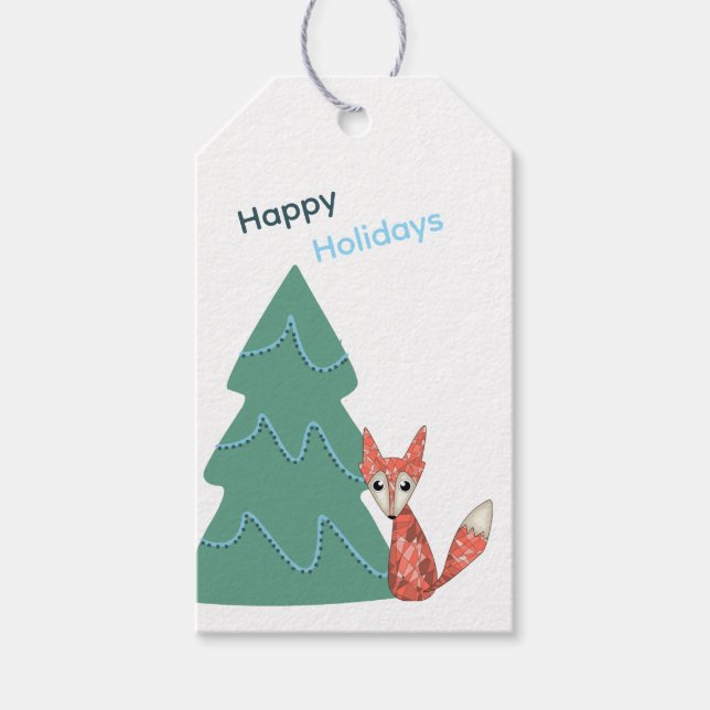 Whimsical Fox och julgran presentkort  Presentetikett (Framsidan)
