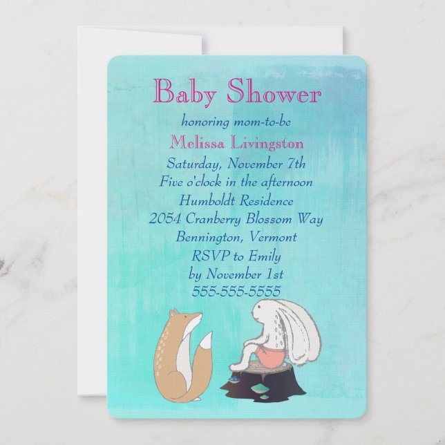 Whimsical Fox och Kanin Turkos Baby Shower Inbjudningar (Framsida)