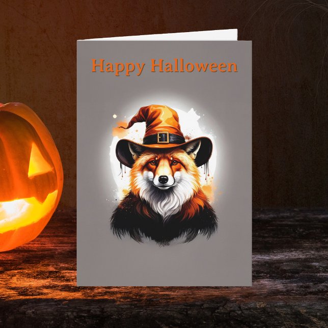 Whimsical Fox Orange Häxhatt Halloween Kort (Happy Halloween Woodland Fox Witchy Hat Greeting Card. Witch Spooky season greetings cards)
