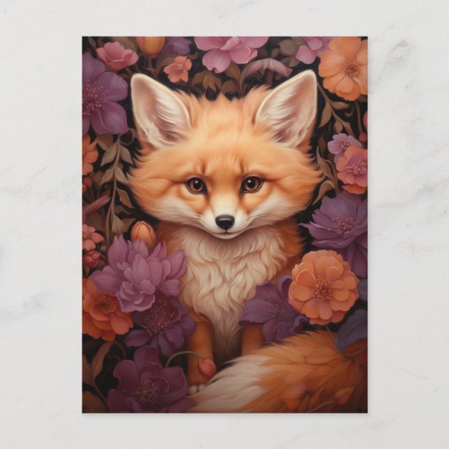 Whimsical Fox på en bed av blommor Vykort (Framsida)