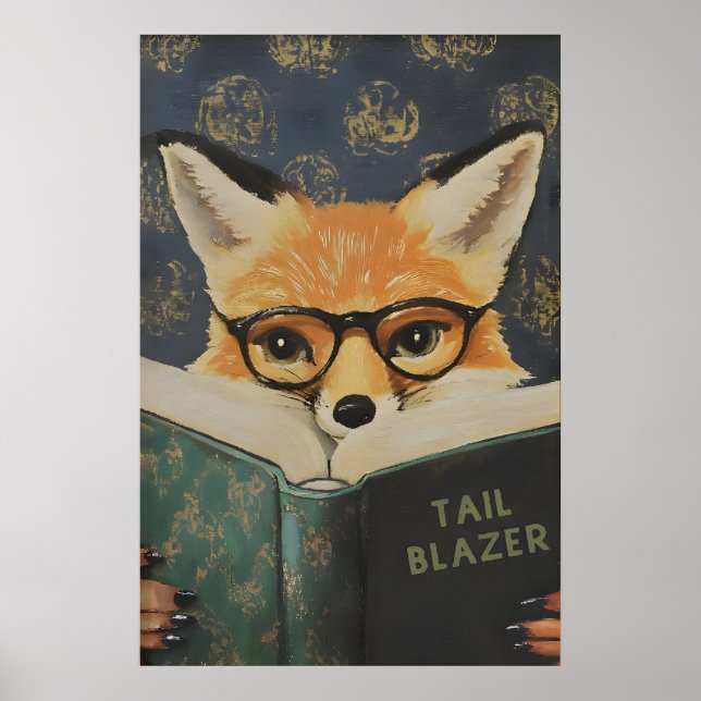 Whimsical Fox Reading Book Art Print Poster (Framsidan)