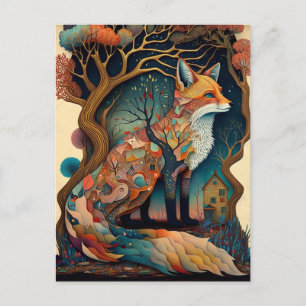 Whimsical Fox Skogs Fantasi Konst Vykort
