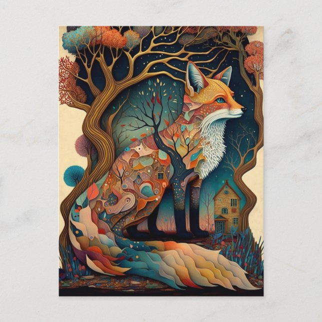 Whimsical Fox Skogs Fantasi Konst Vykort (Framsida)