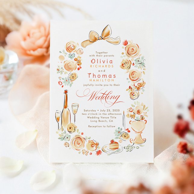 Whimsical fransk blomster handritad höstbröllop inbjudningar (Terracotta Whimsical Hand-drawn Fall Wedding Invitations)