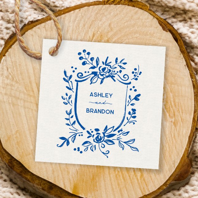 Whimsical French Blue Botanical Crest Wedding Gåvor Etiketter (Skapare uppladdad)