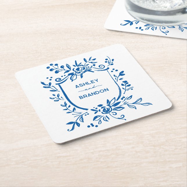 Whimsical French Blue Botanical Crest Wedding Underlägg Papper Kvadrat (Vinklad)