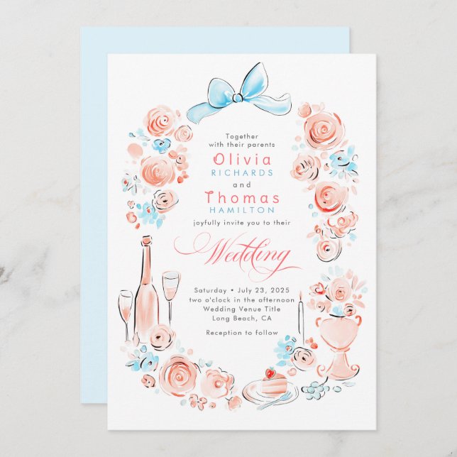Whimsical French Floral Hand Drawn Wedding Inbjudningar (Fram/baksida)