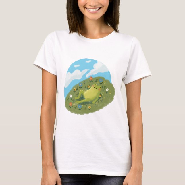 Whimsical Frog Chilling On The Hill Illustration T Shirt (Framsida)