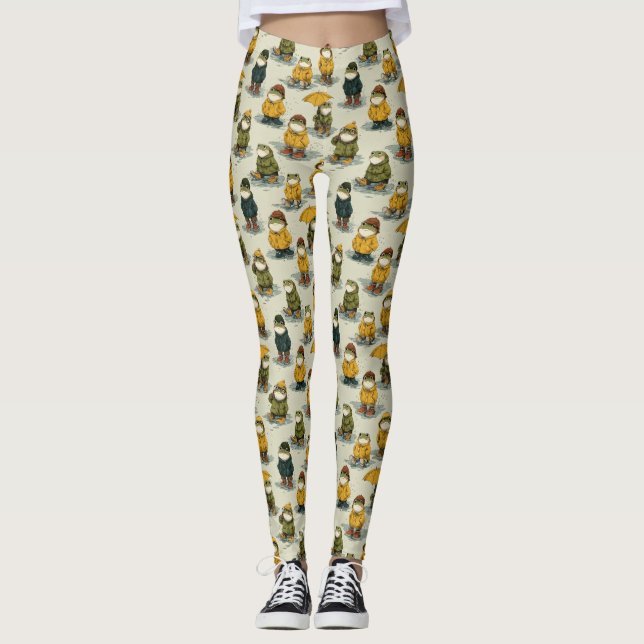 Whimsical Frogs in Raincoats Pattern Leggings (Framsida)