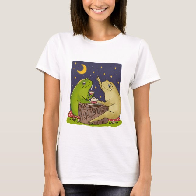 Whimsical Frogs Tea Party At Night Illustration T Shirt (Framsida)