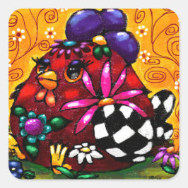 Whimsical Funky Chunky Blommigt Chicken Colorful Fyrkantigt Klistermärke