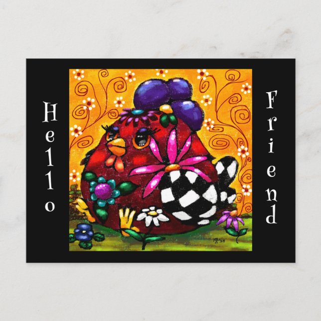 Whimsical Funky Chunky Blommigt Chicken Colorful Vykort (Framsida)