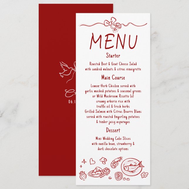 Whimsical Funky Decor Handwritten Red Wedding Menu Meny (Fram/baksida)