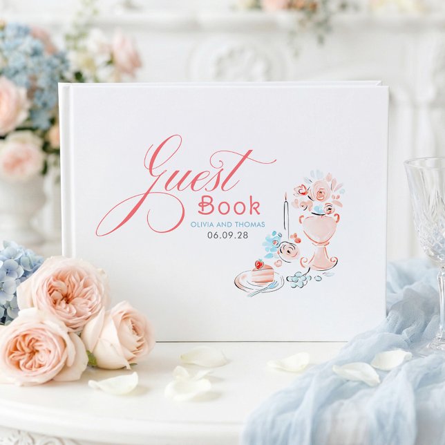 Whimsical Funky Floral Quirky Hand Drawn Wedding Gästböcker (Dusty Blue and Pink Whimsical Wedding Guest Book)