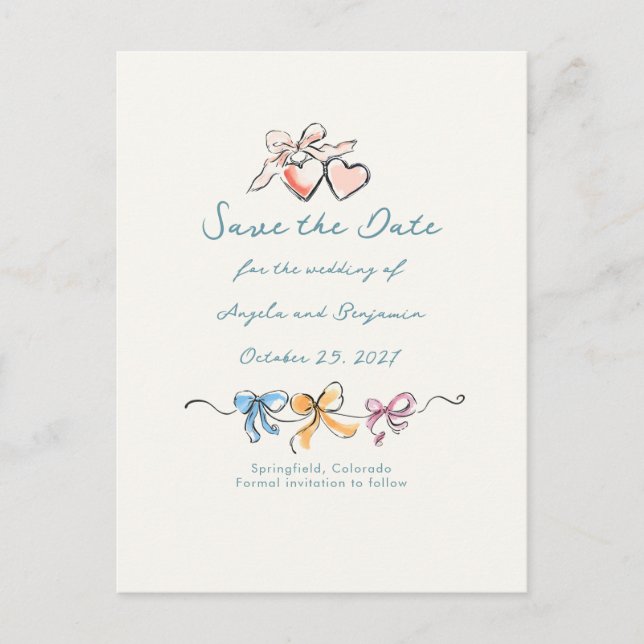Whimsical Funky Hand Drawn Bows Save The Date Meddelande Vykort (Framsida)