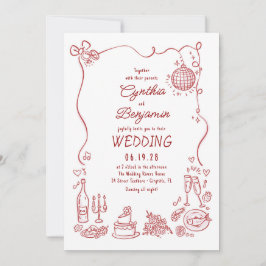Whimsical Funky Hand Drawn Burgundy Retro Wedding Inbjudningar