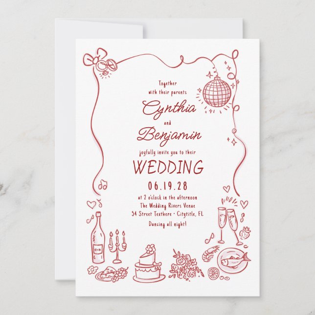Whimsical Funky Hand Drawn Burgundy Retro Wedding Inbjudningar (Framsida)