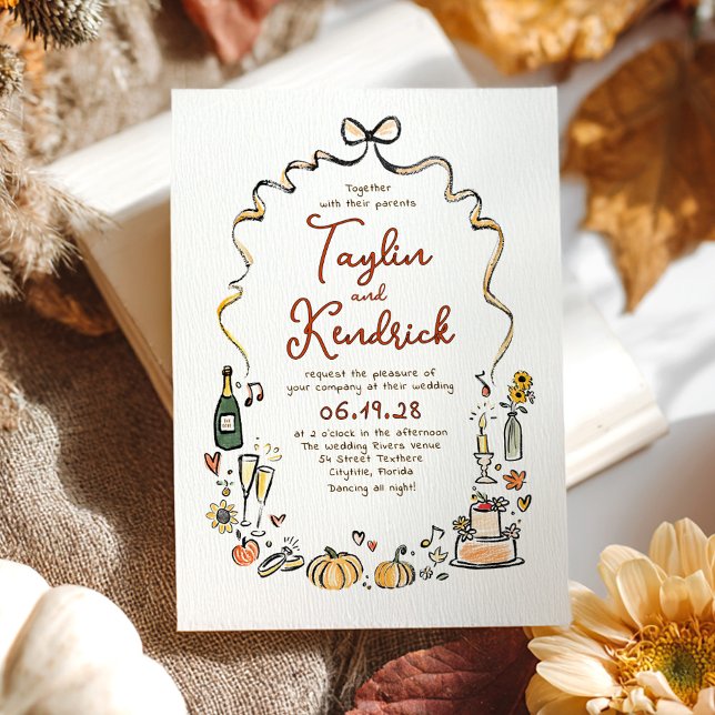 Whimsical Funky Hand Drawn Doodles Fall Wedding Inbjudningar (Funky Whimsical Hand-drawn Fall Wedding Invitation)