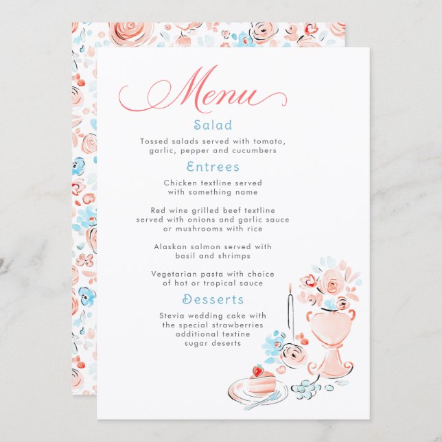 Whimsical Funky Hand Drawn Dusty Blue Wedding Menu Meny (Fram/baksida)