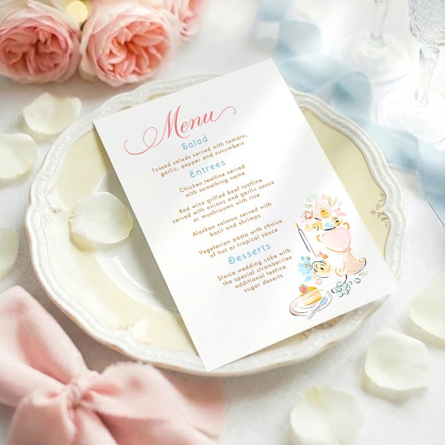 Whimsical Funky Hand Drawn Pastel Wedding Menu Meny (Whimsical Hand-drawn Menu Cards Pastel)