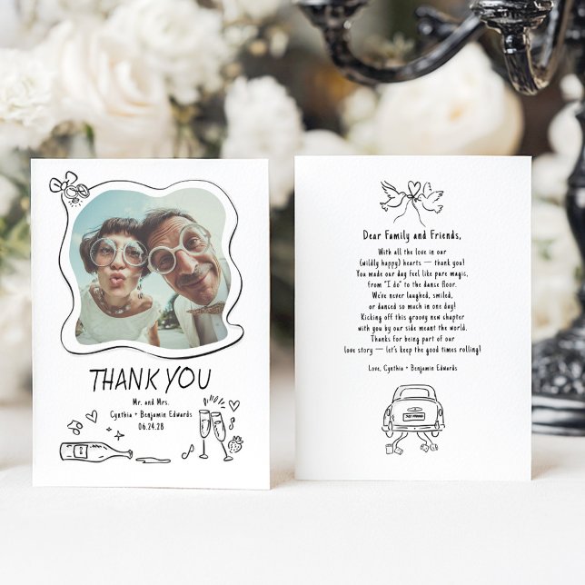 Whimsical Funky Handritad Bröllopsfoto Tack Kort (Quirky Funky Drawings Wedding Thank You Photo Cards)