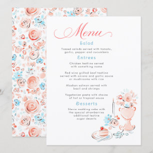 Whimsical Funky Handritad Dammtorblue Bröllopsmeny Meny