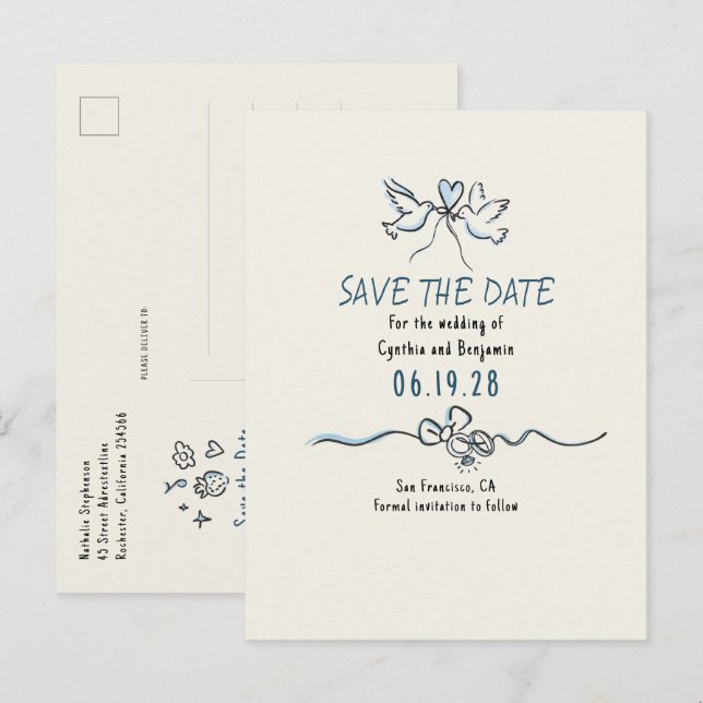 Whimsical Funky Handritad Save The Date Meddelande Vykort (Fram/baksida)